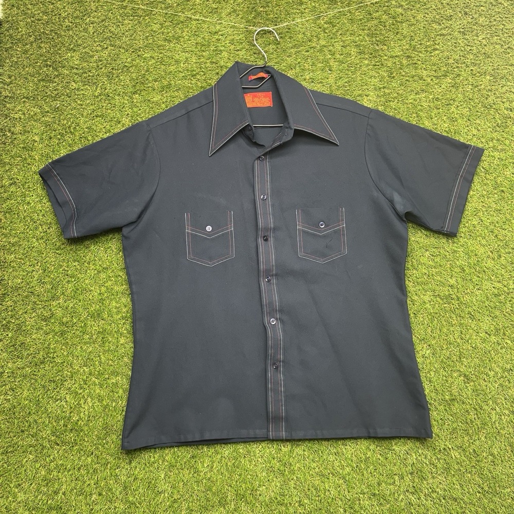 Vintage Sears Kings Road Shirt Mens Large Blue Japan Made 70s Dagger Collar Mod